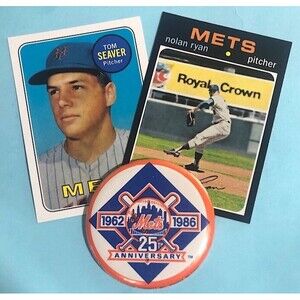 1962-1986 New York METS 25th Anniv. Button & (2) Topps,Tom SEAVER Reprint Cards